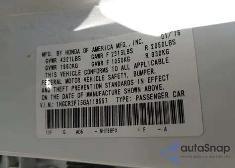 2016 Honda Accord Ex из США, поврежденный, VIN 1HGCR2F75GA119557